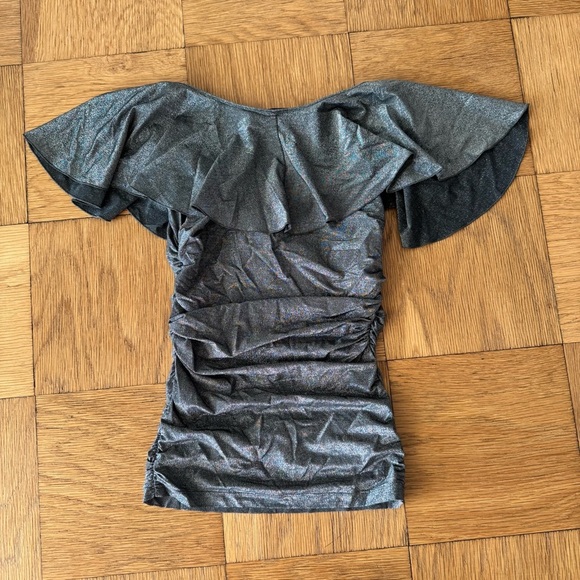 Moschino Cheap & Chic Silver Metallic Ruffle Top US 8 Ruched Flutter Sleeve - Picture 2 of 10